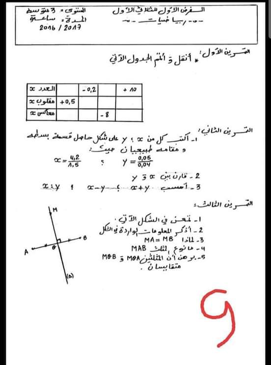 اختبارات الفصل الأول في مادة الرياضيات للسنة الثالثة متوسط مع الحل - الموضوع 04