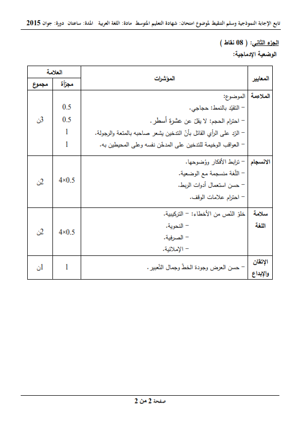 الحل النموذجي لاختبار شهادة التعليم المتوسط Bem 2015 في اللغة العربية