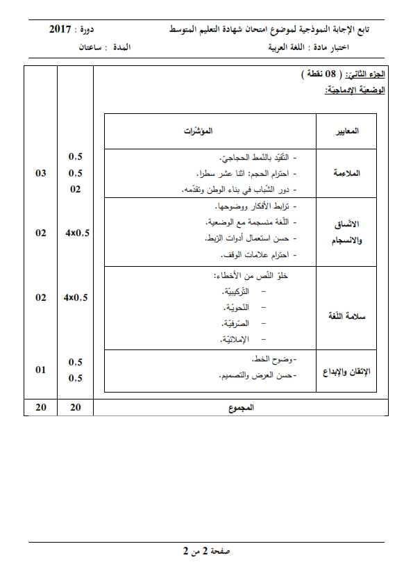 الحل النموذجي لاختبار شهادة التعليم المتوسط Bem 2017 في اللغة العربية