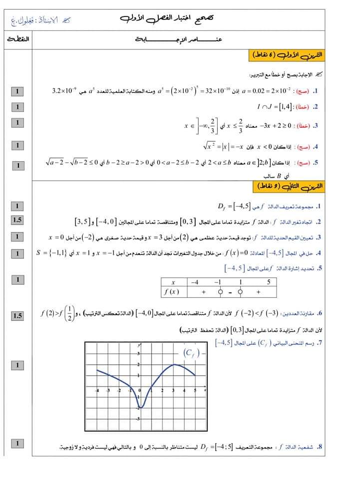 اختبارات الفصل الأول في مادة الرياضيات السنة الأولى ثانوي علمي مع الحل - الموضوع 09