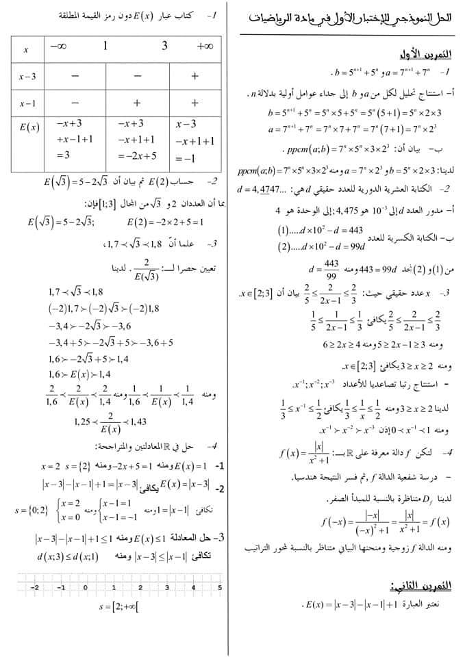 اختبارات الفصل الأول في مادة الرياضيات السنة الأولى ثانوي علمي مع الحل - الموضوع 12