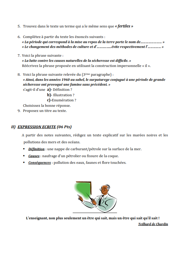 اختبارات الفصل الأول في مادة اللغة الفرنسية السنة الأولى ثانوي أدبي مع الحل - الموضوع 01