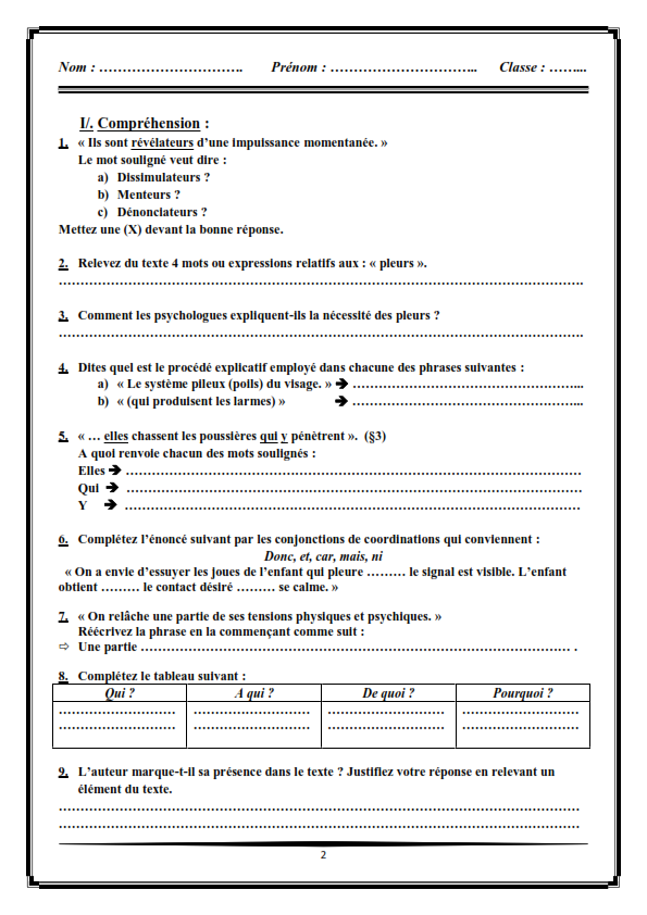 اختبارات الفصل الأول في مادة اللغة الفرنسية السنة الأولى ثانوي علمي مع الحل - الموضوع 02