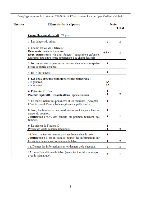 اختبارات الفصل الأول في مادة اللغة الفرنسية السنة الأولى ثانوي علمي مع الحل - الموضوع 09
