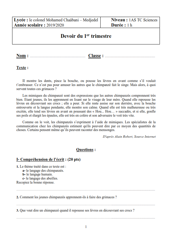 اختبارات الفصل الأول في مادة اللغة الفرنسية السنة الأولى ثانوي علمي مع الحل - الموضوع 10