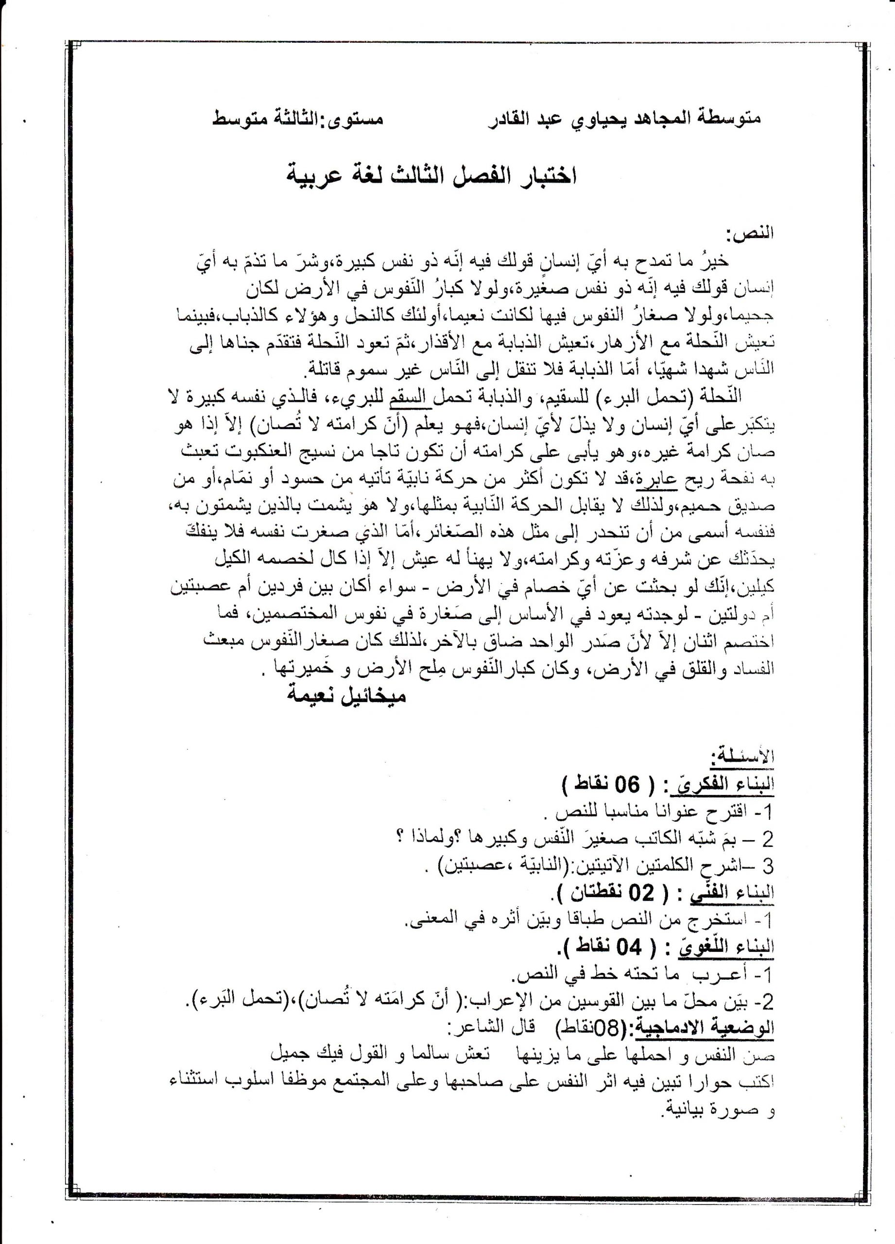 اختبار الفصل الثالث في اللغة العربية السنة الثالثة متوسط | الموضوع 02