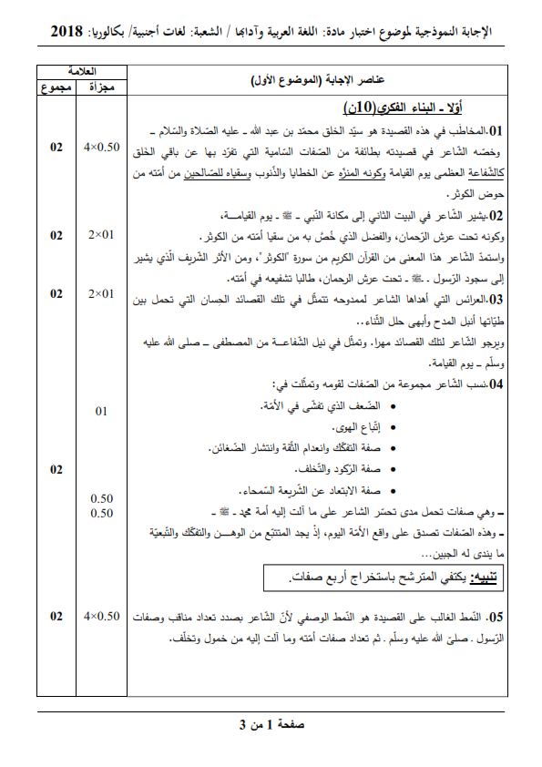 بكالوريا 2018 Bac / موضوع مادة اللغة العربية مع الحلول النموذجية شعبة اللغات الأجنبية