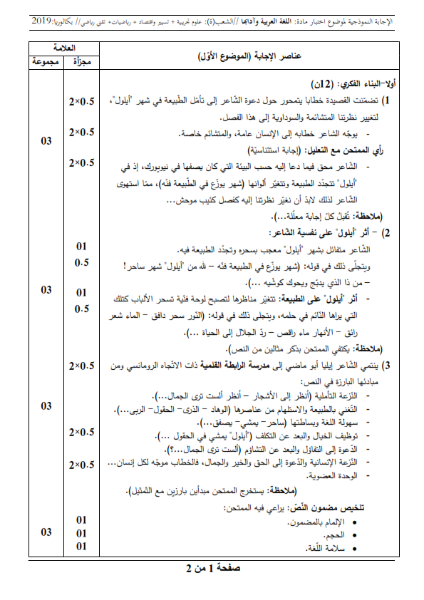 بكالوريا 2019 Bac / موضوع مادة اللغة العربية شعبة العلوم التجريبية