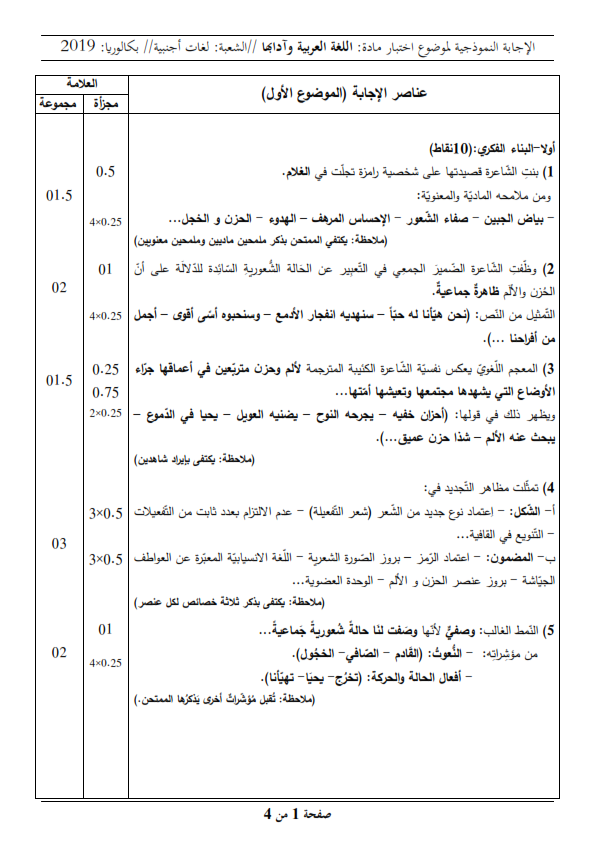 بكالوريا 2019 Bac / موضوع مادة اللغة العربية مع الحلول النموذجية شعبة اللغات الأجنبية