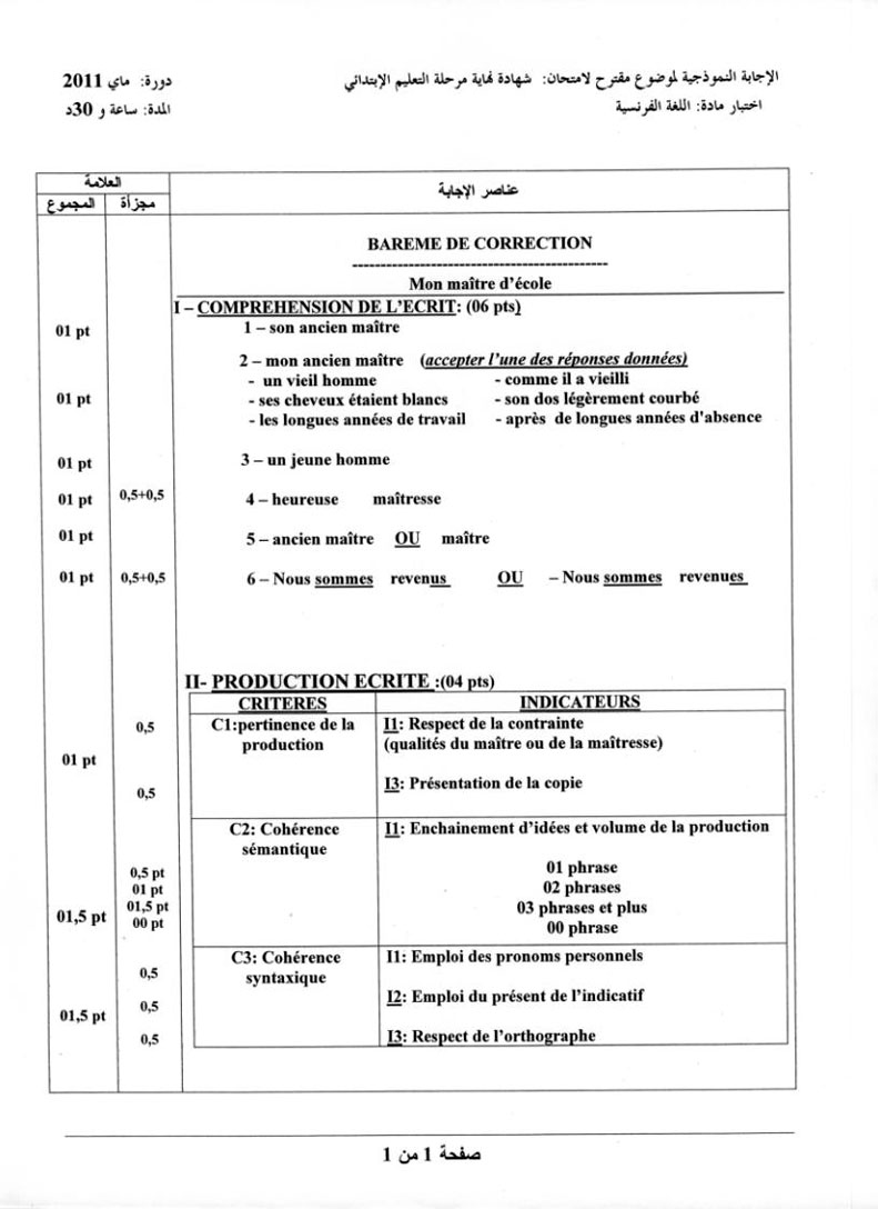 الحل النموذجي لاختبار شهادة التعليم الابتدائي 2011 في اللغة الفرنسية