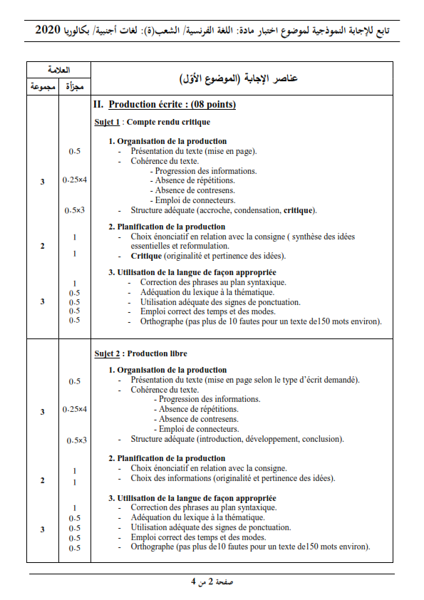 بكالوريا 2020 Bac / موضوع مادة اللغة الفرنسية مع الحلول النموذجية شعبة اللغات الأجنبية