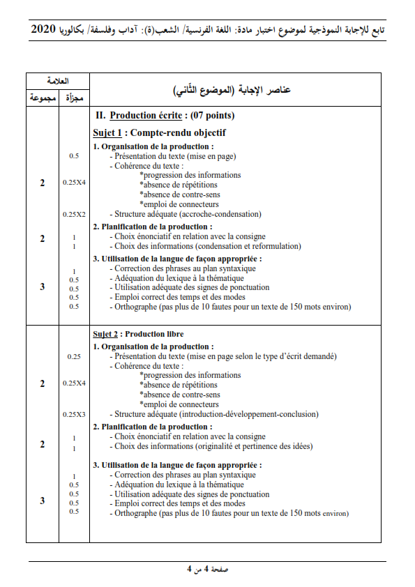 بكالوريا 2020 Bac / موضوع مادة اللغة الفرنسية مع الحلول النموذجية شعبة الآداب والفلسفة