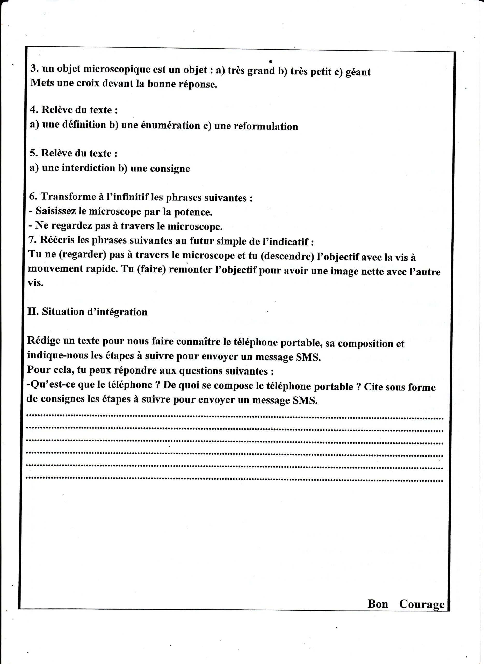 اختبار الفصل الثالث في اللغة الفرنسية للسنة الأولى متوسط - الموضوع 03