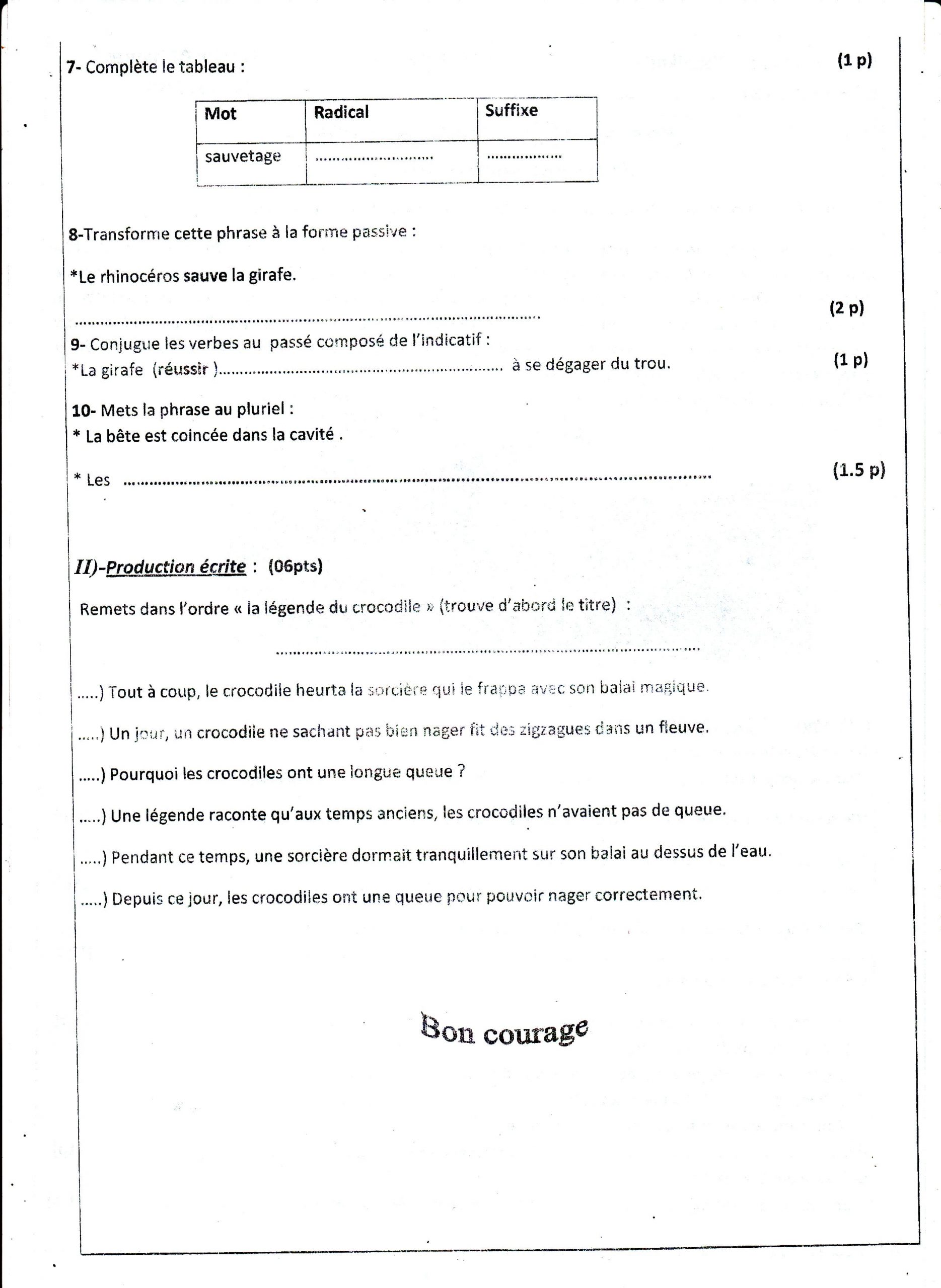اختبار الفصل الثالث في اللغة الفرنسية السنة الثانية متوسط - الموضوع 01
